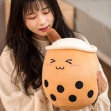 9.8-inch brown bubble tea boba plush stuffed toy pillow with cute closed cartoon eyes on white background - view 3