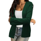Women's dark green long sleeve button-down cardigan sweater with crew neck in soft knit fabric, size 1XL plus