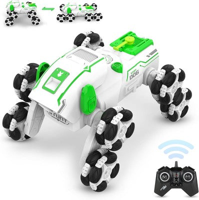 UJYY white 8-wheel robot dog remote control stunt car with LED lights and mist spray effect for kids