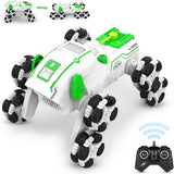 UJYY white 8-wheel robot dog remote control stunt car with LED lights and mist spray effect for kids