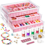 Geyiie 314-piece nail art and bead bracelet kit with beads, charms, glitter, tools, and 5 nail polishes in 3-tier acrylic storage box