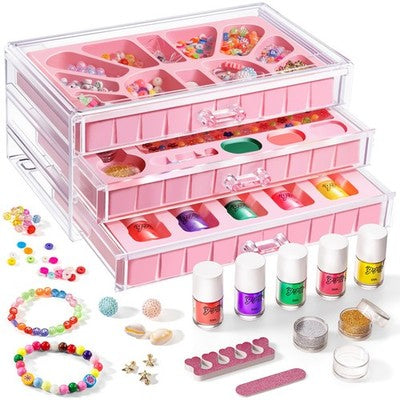Geyiie 314-piece nail art and bead bracelet kit with beads, charms, glitter, tools, and 5 nail polishes in 3-tier acrylic storage box
