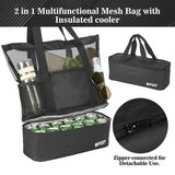 YICHFO large black mesh beach bag with detachable insulated cooler compartment and multiple exterior pockets - view 4