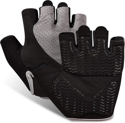 Sunnex grey fingerless gym gloves for women with silicone wave palm padding and breathable mesh back, size medium