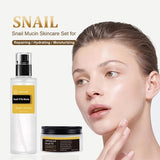 OAKSII 3-piece snail mucin skincare set including serum, moisturizing cream, and hydrogel eye patches on white background - view 4