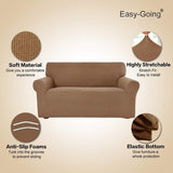 Easy-Going camel check jacquard stretch slipcover fitted snugly over a three-seat sofa with elastic base secured - view 3