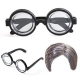 Old man costume wig set with gray synthetic wig, thick-lens glasses, mustache, eyebrows, and wig cap on display - view 4