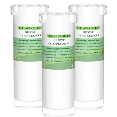 Three white NAINCR XWF refrigerator water filters no chip replacement for GE GFE24 GNE25 GNE27 GSS25