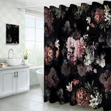 Boho floral shower curtain 70x70 inches with pink and black watercolor roses and peonies on white polyester fabric - view 2