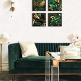 Four emerald green and gold leaf tropical botanical canvas prints 12x12 inches on wood frames arranged as a gallery wall set - view 4