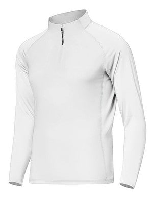 Actflare men's white long sleeve quarter zip pullover running shirt with mock neck and UPF 50+ sun protection