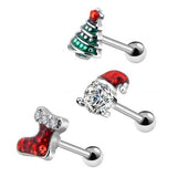 OUFER 3-piece Christmas cartilage stud earrings set featuring Santa hat, shoe, and pine tree designs in surgical steel
