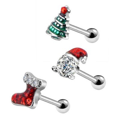 OUFER 3-piece Christmas cartilage stud earrings set featuring Santa hat, shoe, and pine tree designs in surgical steel