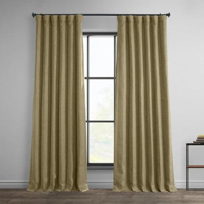 Nomad Tan faux linen room darkening curtain panel 50x84 inches hung on rod by HPD Half Price Drapes
