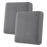 Two grey jacquard stretch sofa seat cushion covers laid flat showing textured twill pattern and elastic loops underneath