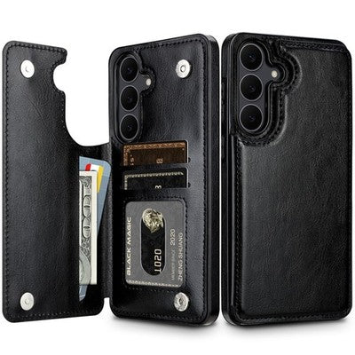 Hiandier black PU leather wallet flip case for Samsung Galaxy S25 FE showing card slots and magnetic closure