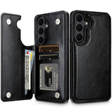 Hiandier black PU leather wallet flip case for Samsung Galaxy S25 FE showing card slots and magnetic closure