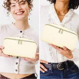 TBOLINE large white checkered PU leather travel makeup bag laid flat open showing interior compartments and pockets - view 7