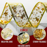 Yummuely 33ft gold foil Christmas ribbon fairy lights with 100 warm white LEDs wrapped around a holiday tree - view 3