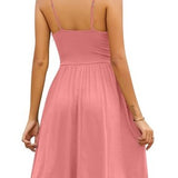 Yathon women's coral sleeveless spaghetti strap A-line sundress with side pockets and gathered V-neck bust, knee length - view 6