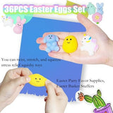 36 colorful Easter mochi squishy toys shaped like bunnies chicks and eggs displayed with 36 plastic surprise eggs multicolor - view 4