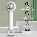 White Sowmow portable rechargeable handheld fan standing upright showing 6-blade design and compact 7.4-inch form factor - view 7