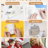 iDPRT portable mini thermal sticker printer in white shown with included roll of thermal sticker paper on white background - view 4