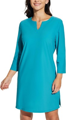 Women's blue UPF 50+ swim cover up dress with 3/4 bubble sleeves, notch neckline, and side split hem in size XS