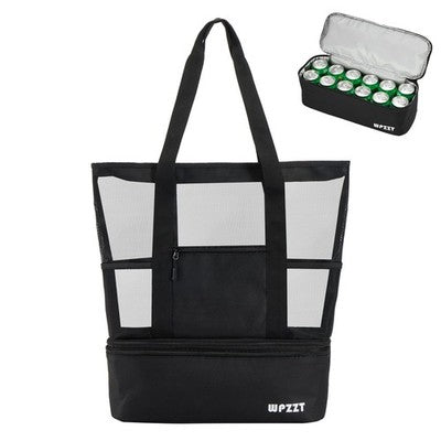 YICHFO large black mesh beach bag with detachable insulated cooler compartment and multiple exterior pockets
