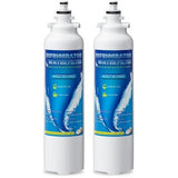 Two white QVGQW refrigerator water filters replacing LG LT800P ADQ73613401 Kenmore 9490, 7.7 inches tall