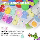 36 colorful Easter mochi squishy toys shaped like bunnies chicks and eggs displayed with 36 plastic surprise eggs multicolor - view 3