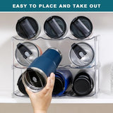 Clear 3-tier stackable plastic water bottle organizer holding 9 large tumblers in 4x4 inch compartments - view 8