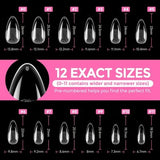 216 clear medium almond full cover press-on nail tips displayed in 12 sizes on white background by UNA GELLA - view 8