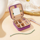 Small purple PU leather travel jewelry case open showing velvet interior, ring roll, and divided compartments, 4x4x2 inches - view 2