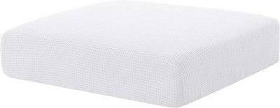 White stretch sofa seat cushion cover with elastic band, small size, shown fitted on a couch cushion by Hokway