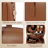Small brown faux leather makeup bag with top handle and zipper closure, compact travel cosmetic toiletry pouch - view 4