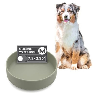 Sage green silicone dog bowl with suction cup base, 7.5 inches wide, 5-cup capacity for medium to large dogs