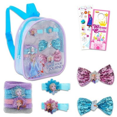 Disney Frozen 10-piece hair accessories bundle including bows, clips, hair ties, stickers, and Frozen-themed zipper storage bag