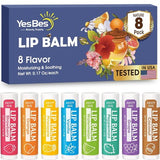 Eight assorted flavored natural lip balm tubes with coconut oil and vitamin E, bulk pack of 8 for moisturizing lips