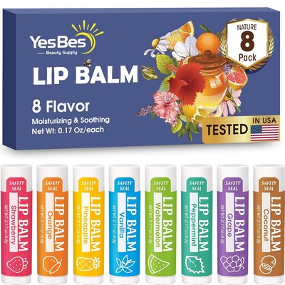 Eight assorted flavored natural lip balm tubes with coconut oil and vitamin E, bulk pack of 8 for moisturizing lips