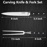 Yosfo 8-inch stainless steel carving knife and 7-inch fork set with black POM ergonomic handles on white background - view 7