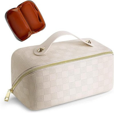 TBOLINE large white checkered PU leather makeup bag open flat showing interior compartments and dividers travel toiletry case