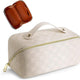 TBOLINE Large Waterproof Makeup Bag – White Checkered PU Leather Travel Case