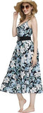 Women wearing a blue floral boho maxi dress with V-neck, adjustable spaghetti straps and side pockets - view 2
