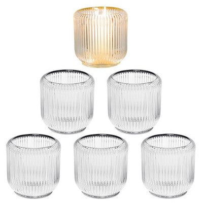 Set of 6 clear ribbed glass candle holders measuring 3.5 inches, suitable for votive, taper, and tea light candles