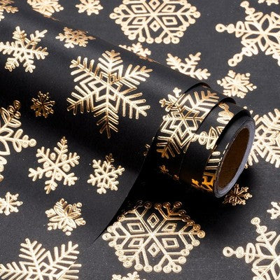 WRAPAHOLIC black kraft wrapping paper roll with 3D embossed gold foil snowflake pattern, 17 inches wide by 16.5 feet long