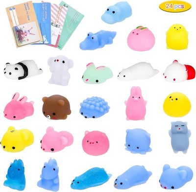 24 colorful mochi squishy animal toys with gift cards and clear bags by Saparlo for Easter and party favors