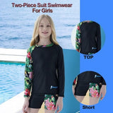 FAFSGOD girls black floral 2-piece swimsuit set with long sleeve UPF 50+ rash guard top and boy shorts bottoms - view 2