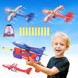 Four-pack LED foam glider airplane launcher toy set with colorful planes, launcher, and soft bullets for kids