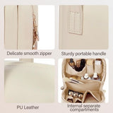 Small beige PU leather makeup bag with top handle and zipper closure, compact waterproof travel cosmetic pouch organizer - view 4